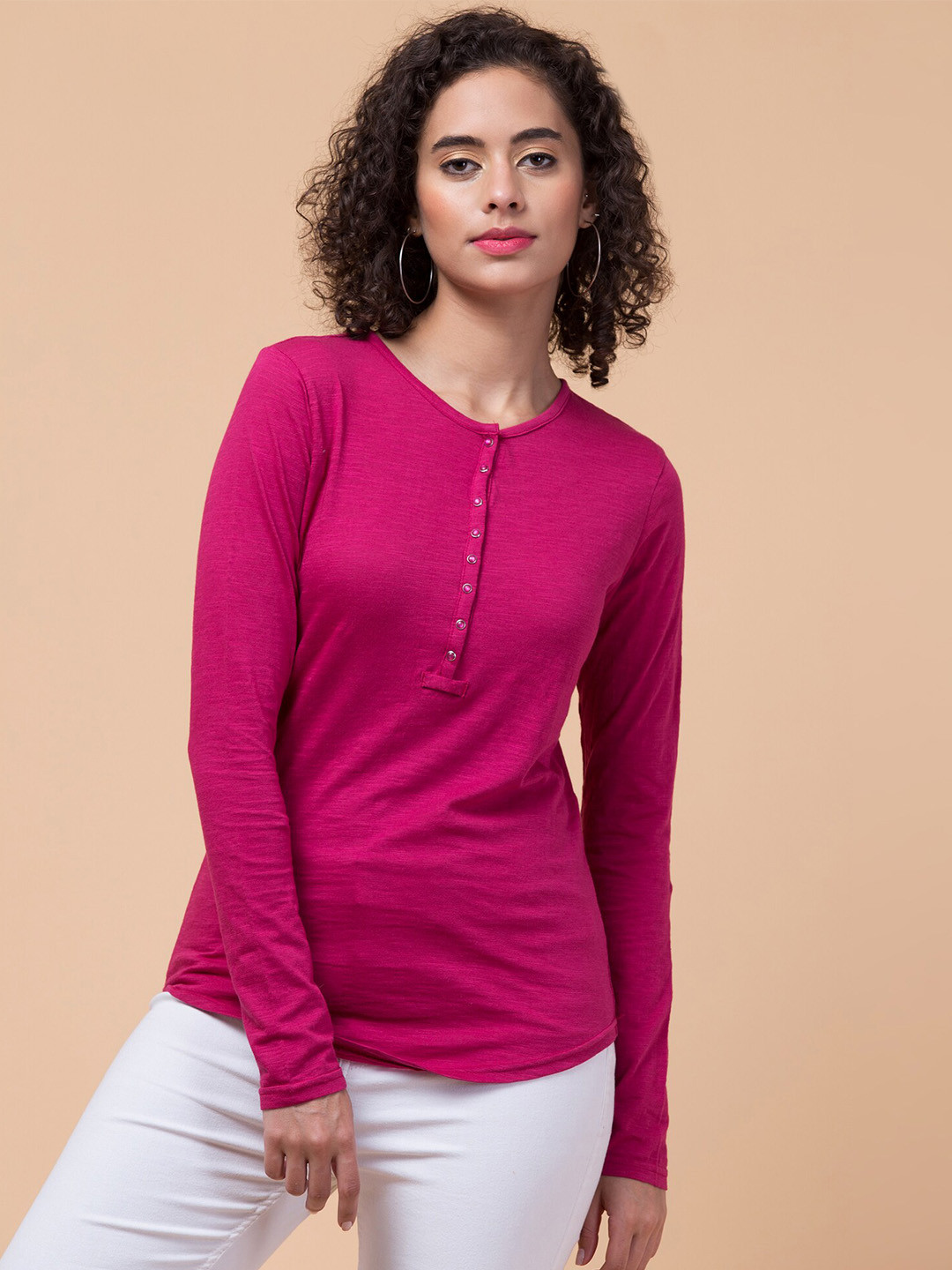 

Hive91 Henley Neck Long Sleeves Cotton T-shirt, Pink