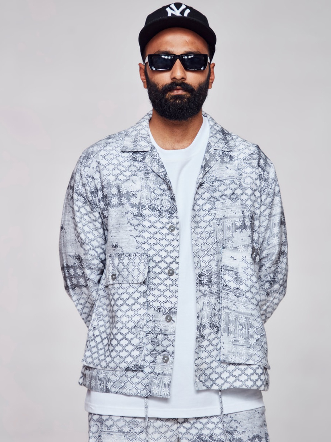 

ADDY'S for men Abstract Printed Linen Open Front Jacket, White