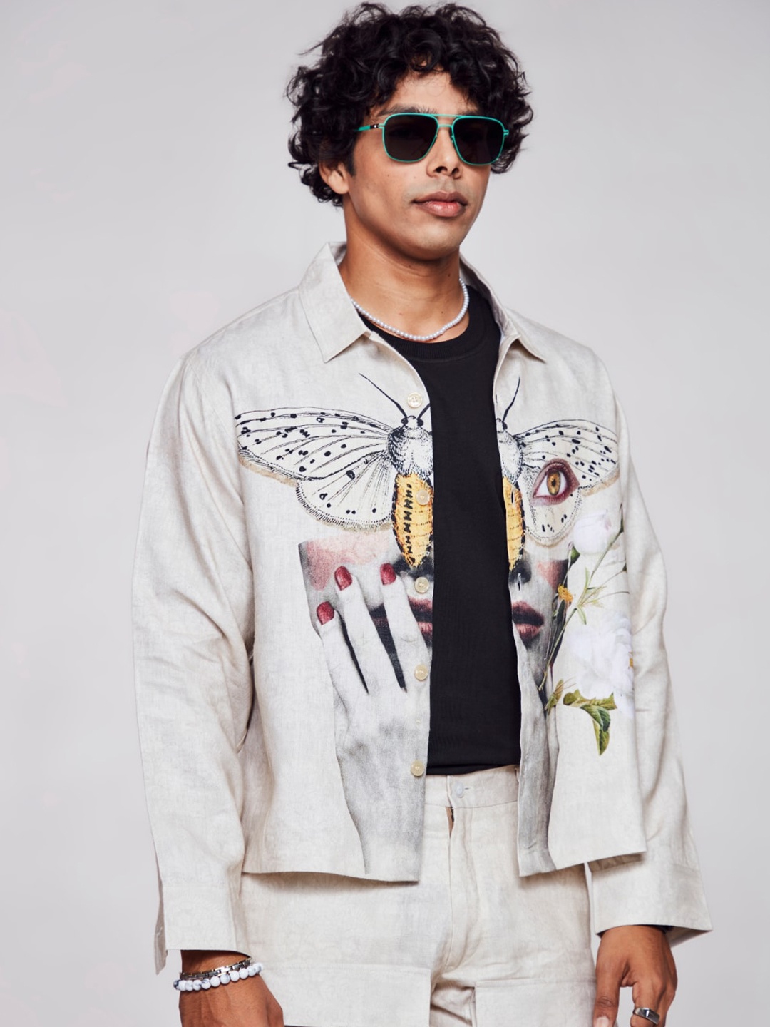 

ADDY'S for men Graphic Printed Linen Casual Shirt, Off white