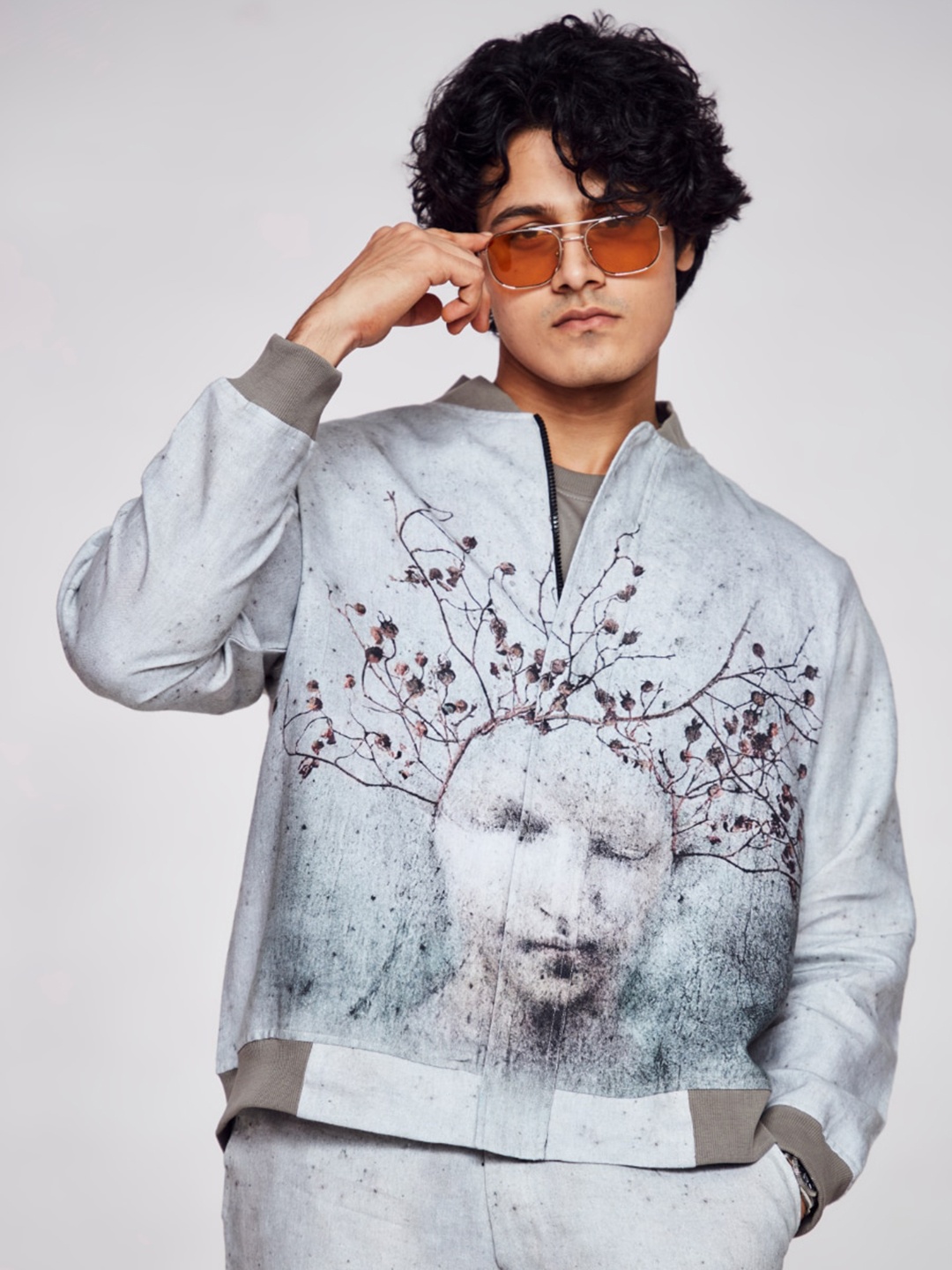 

ADDY'S for men Graphic Printed Mock Collar Linen Bomber Jacket, Grey