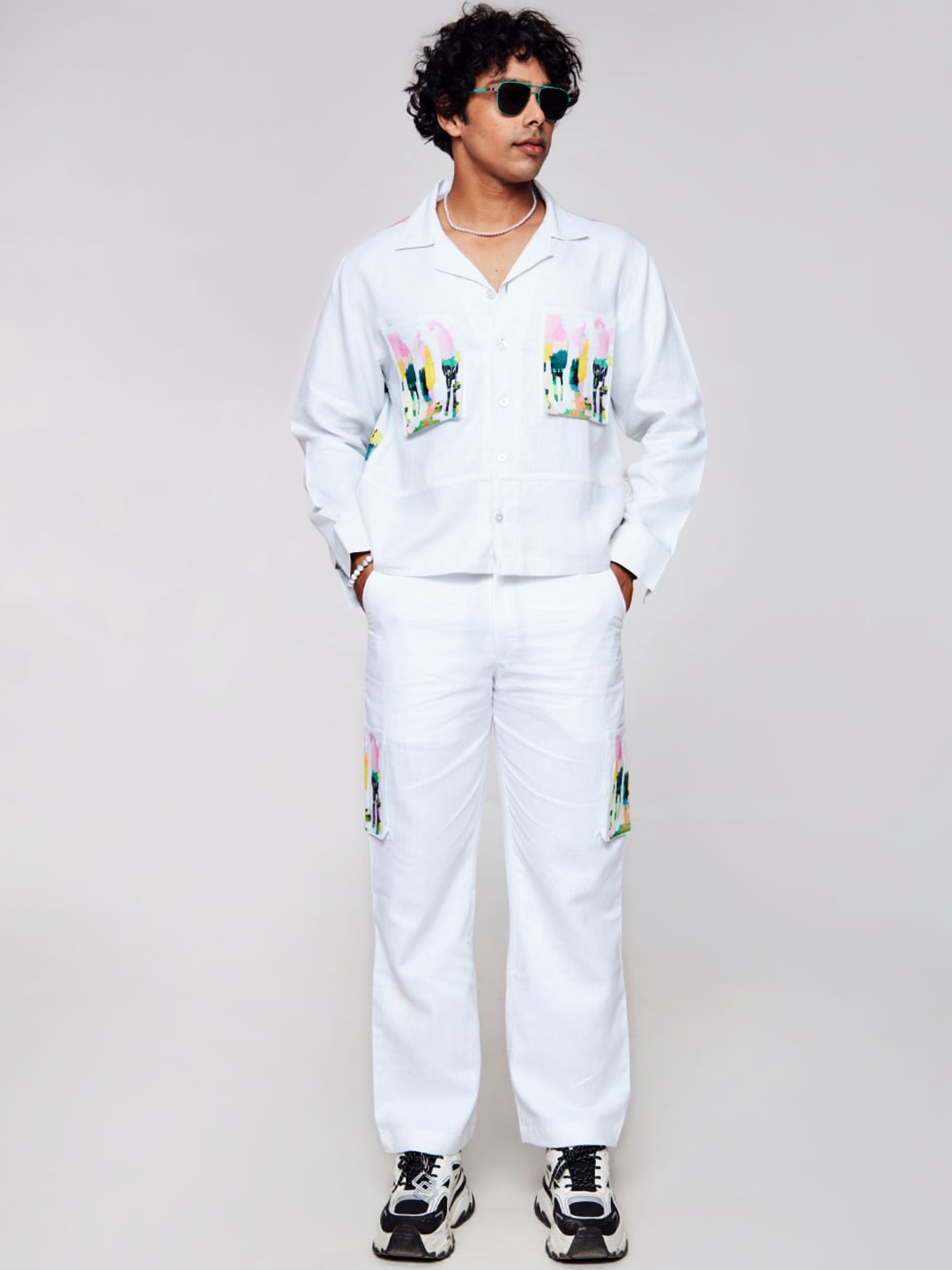 

ADDY'S for men Abstract Printed Cuban Collar Linen Casual Shirt, White