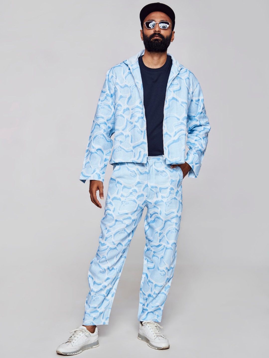 

ADDY'S for men Abstract Printed Hooded Linen Tailored Jacket, Turquoise blue