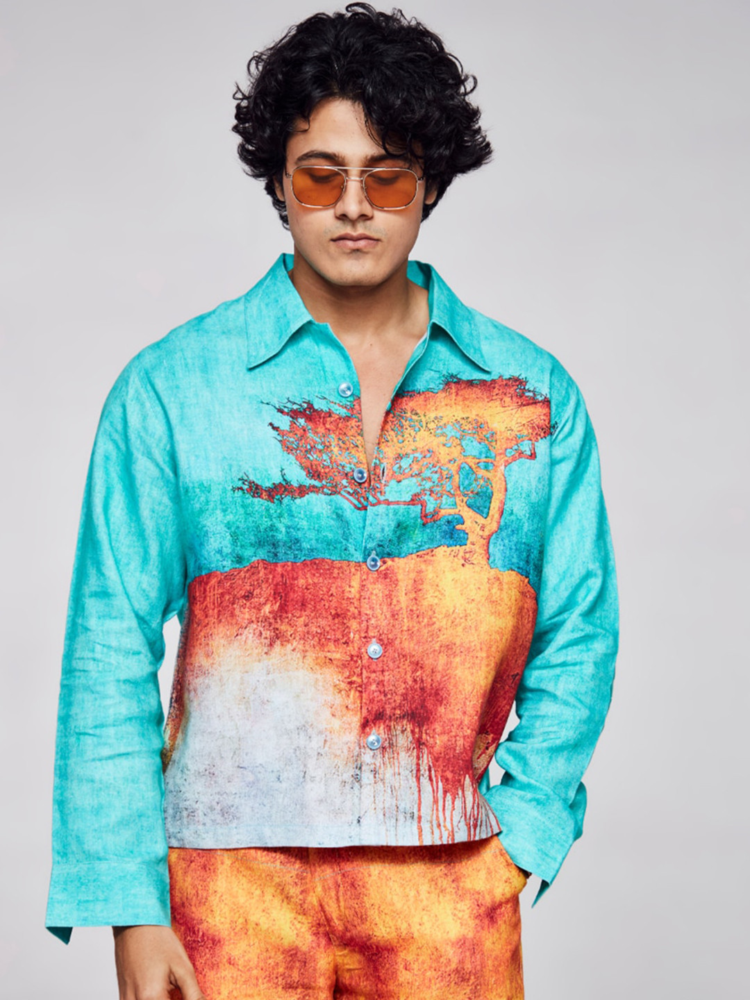 

ADDY'S for men Abstract Printed Spread Collar Linen Casual Shirt, Sea green