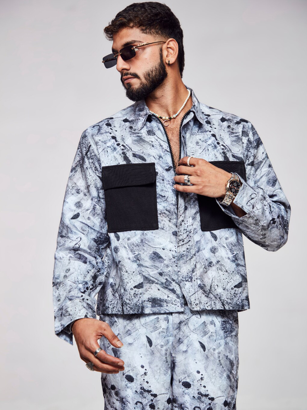 

ADDY'S for men Abstract Printed Spread Collar Linen Tailored Jacket, Grey
