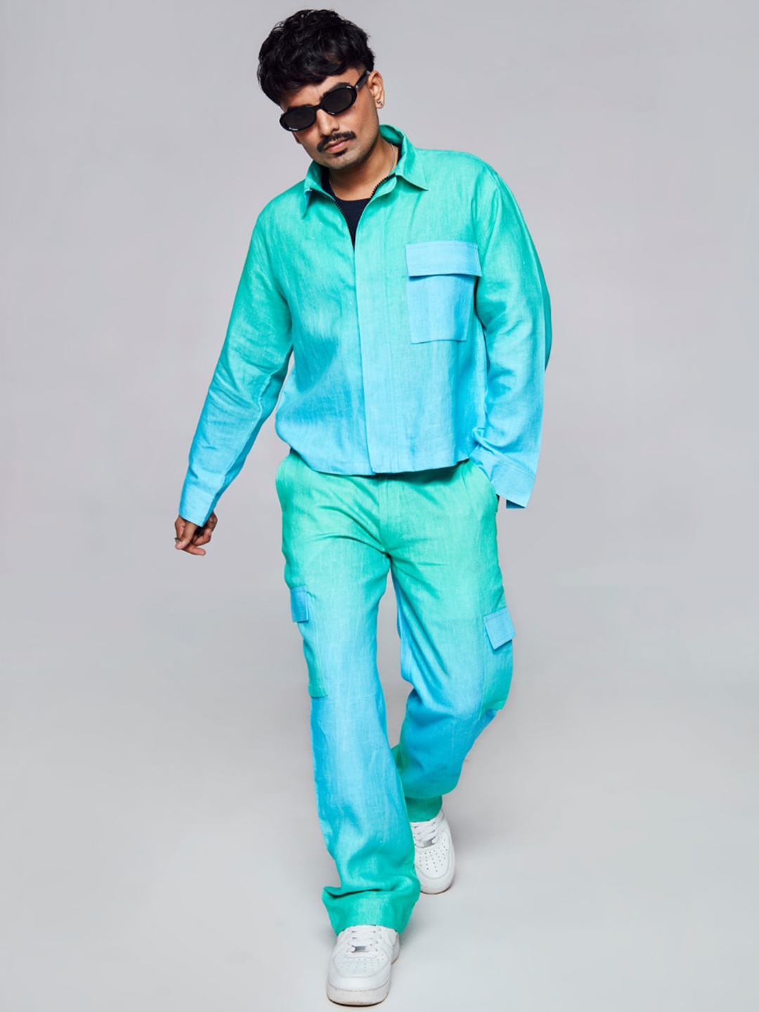 

ADDY'S for men Graphic Printed Spread Collar Linen Tailored Jacket, Sea green
