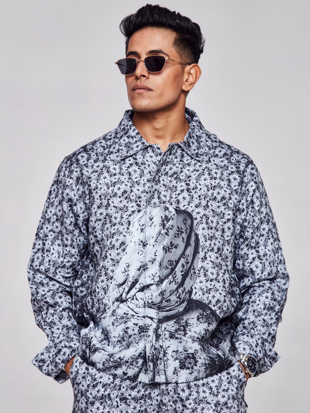 ADDY'S for men Floral Printed Spread Collar Linen Casual Shirt, Grey