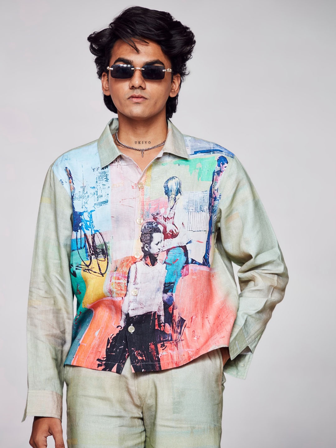 

ADDY'S for men Abstract Printed Linen Casual Shirt, Olive