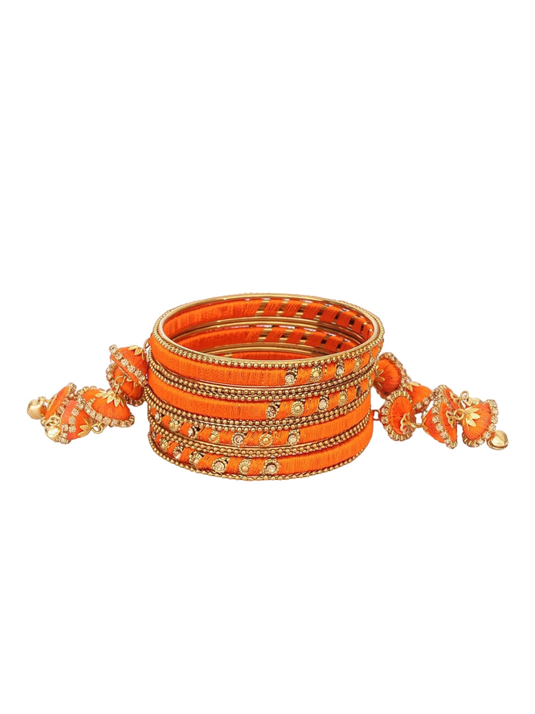 

NMII Set Of 12 Metal With Silk Worked & Zircon Gemstone Latkan Studded Bangles, Orange
