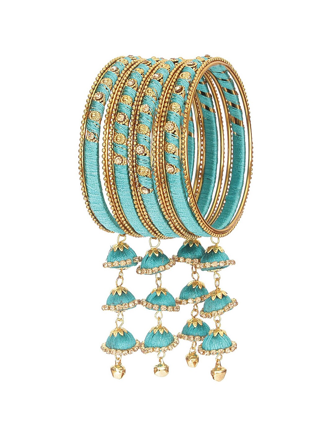 

NMII Set Of 12 Metal With Silk Worked & Zircon Gemstone Latkan Studded Bangles, Teal