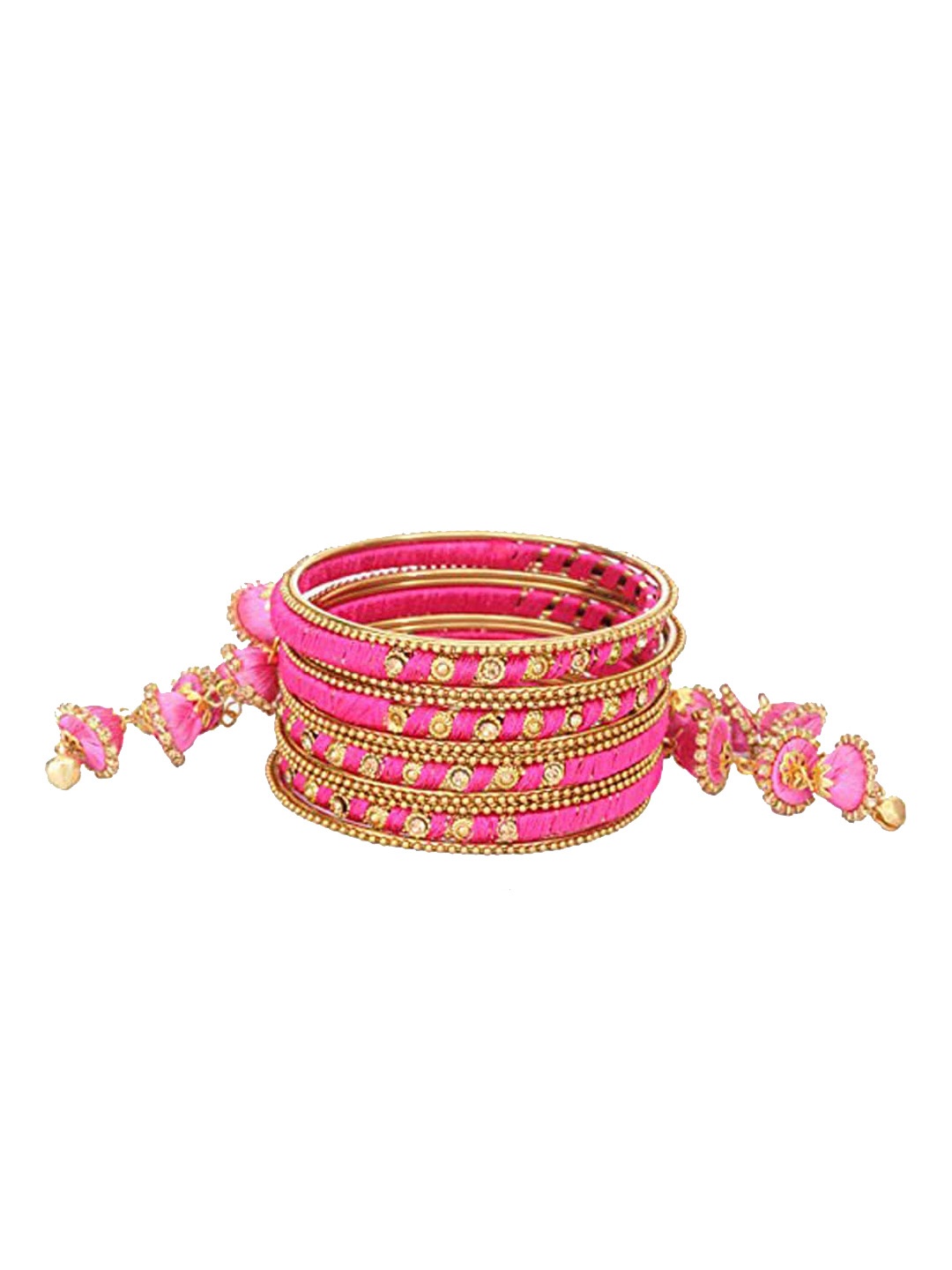 

NMII Set Of 12 Metal With Silk Worked & Zircon Gemstone Latkan Studded Bangles, Pink