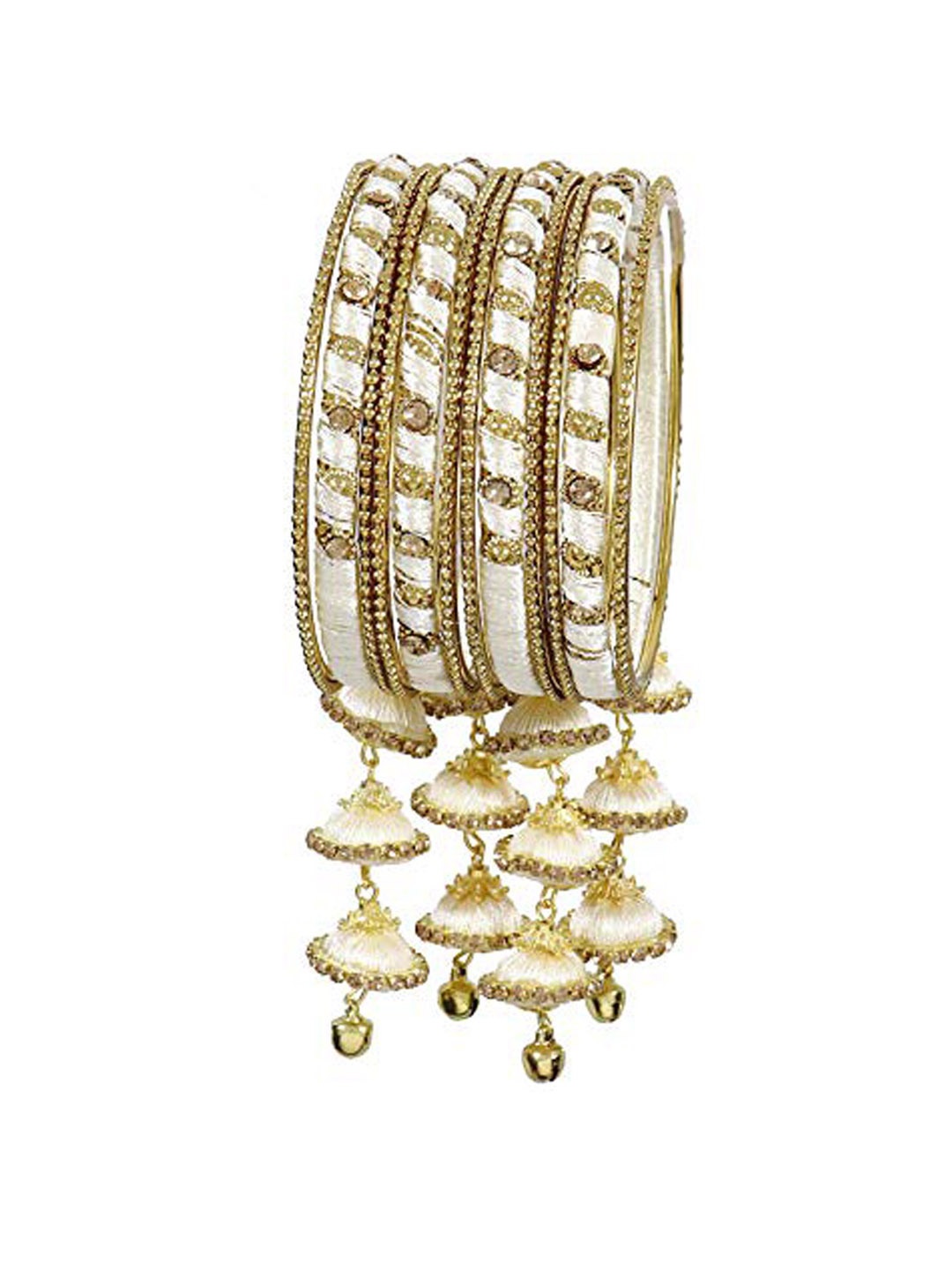 

NMII Set Of 12 Metal With Silk Worked & Zircon Gemstone Latkan Studded Bangles, White