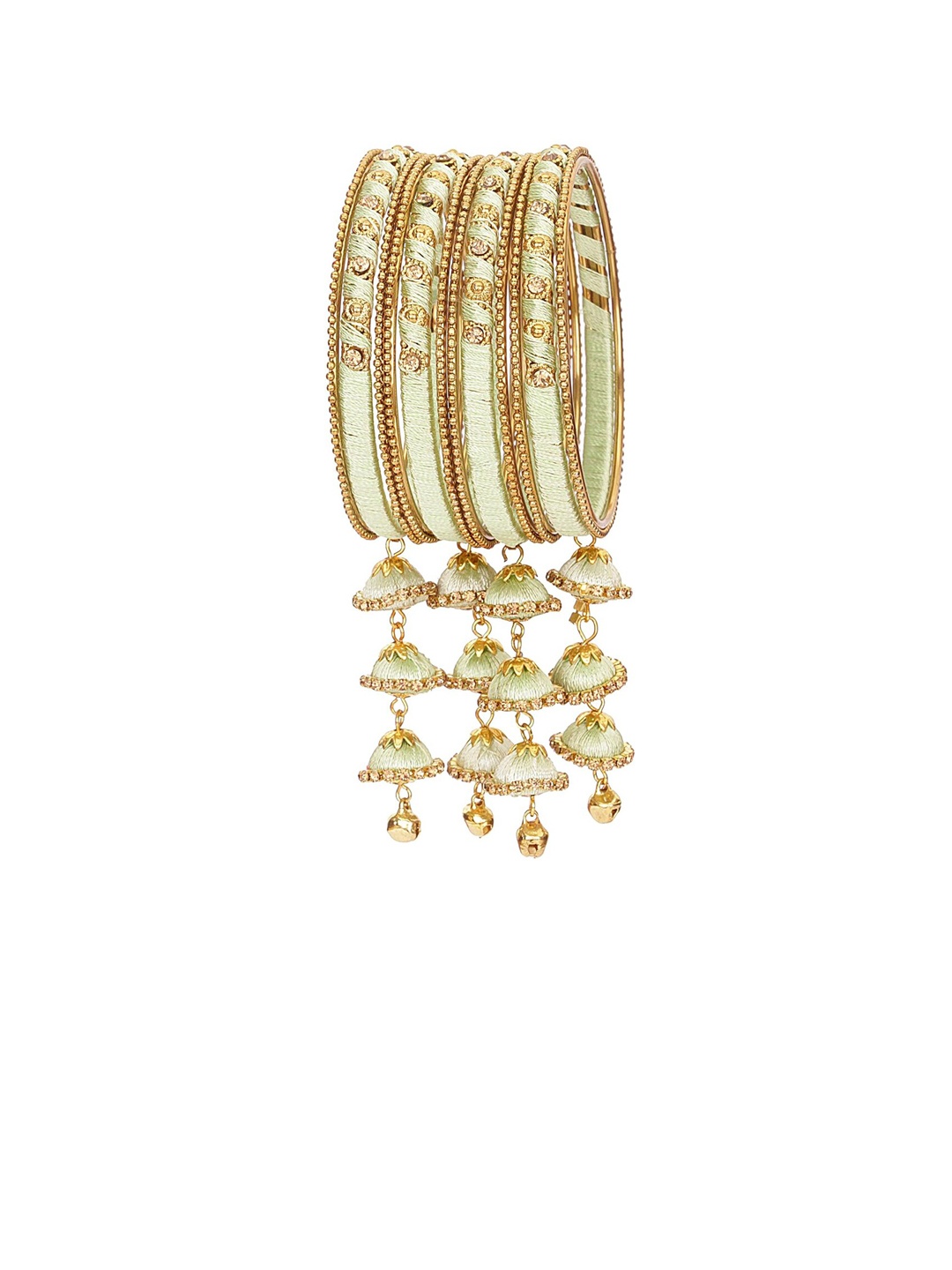 

NMII Set Of 12 Metal With Silk Worked & Zircon Gemstone Latkan Studded Bangles, Lime green