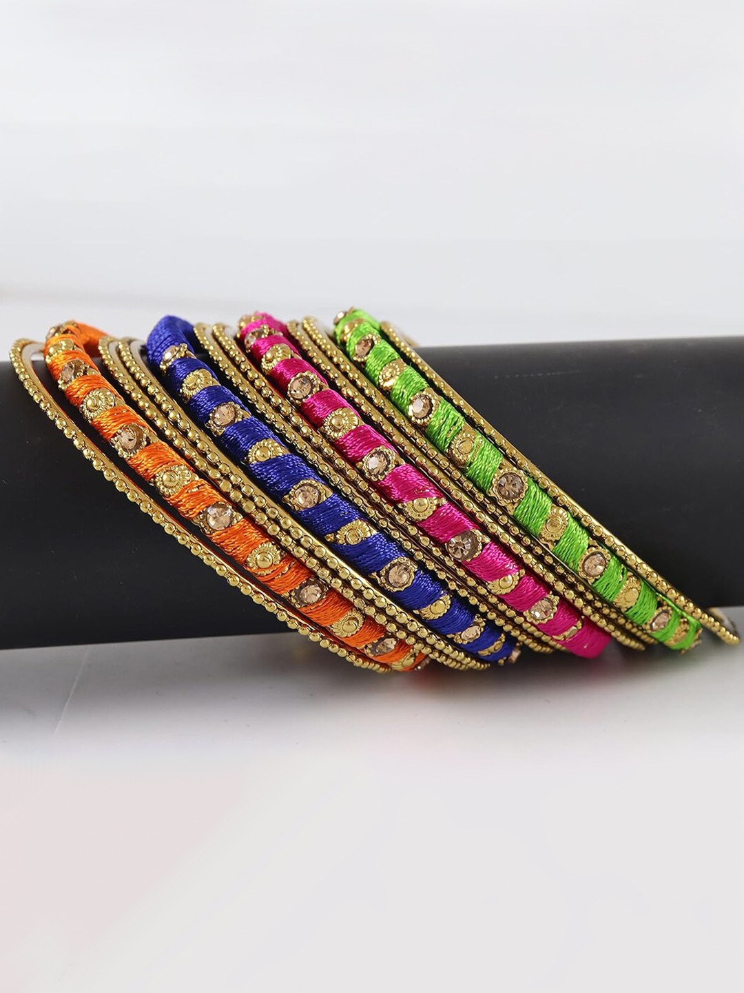 

NMII Set Of 12 Metal With Silk Worked & Zircon Gemstone Latkan Studded Bangles, Green