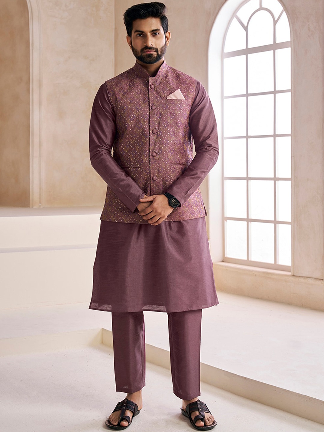 

Inddus Embroidered Nehru Jacket, Mauve