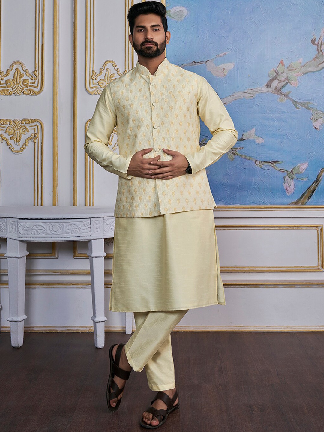 

Inddus Woven Design Nehru Jacket, Cream