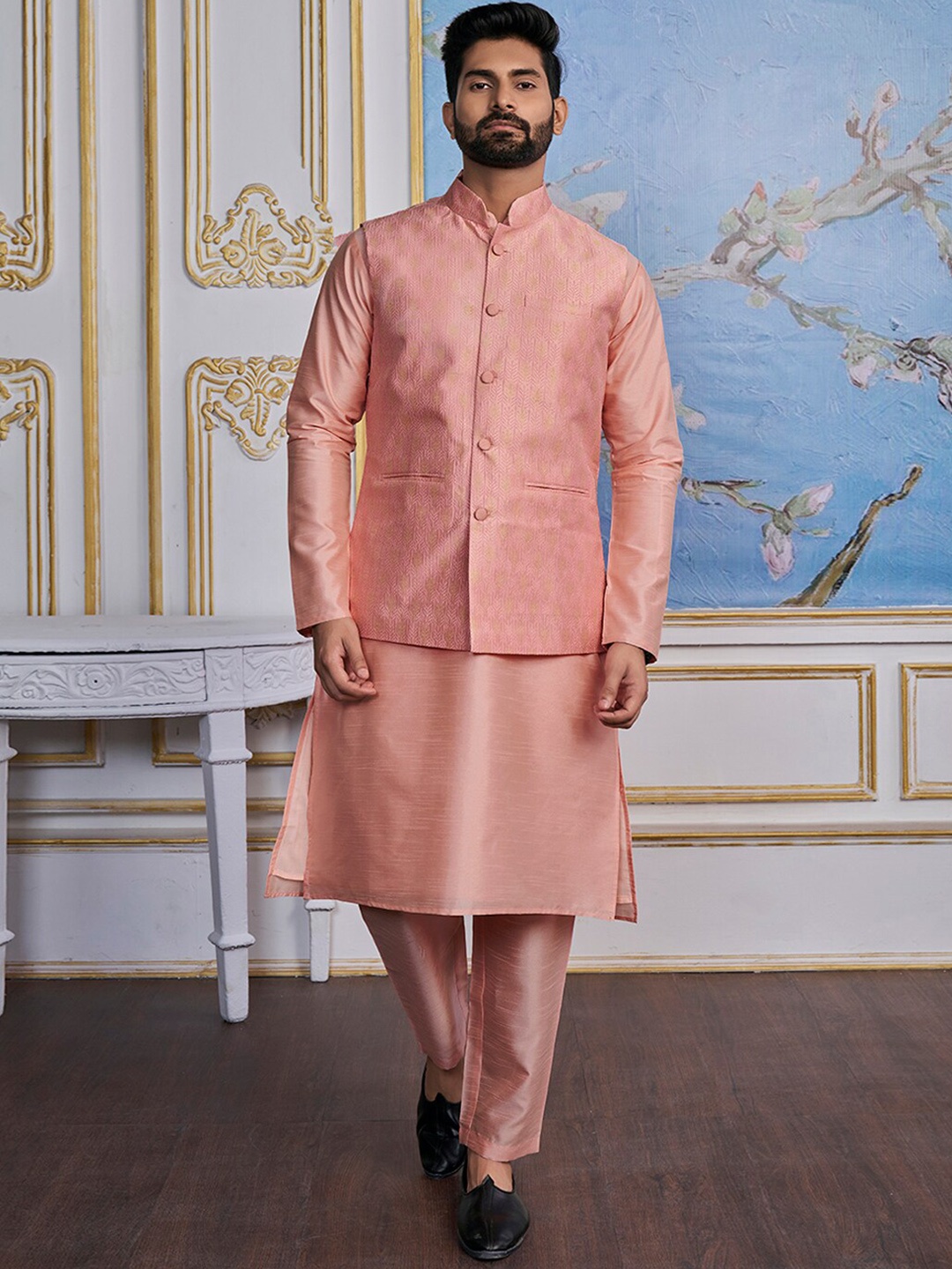 

Inddus Woven-Design Mandarin Collar Nehru Jacket, Pink