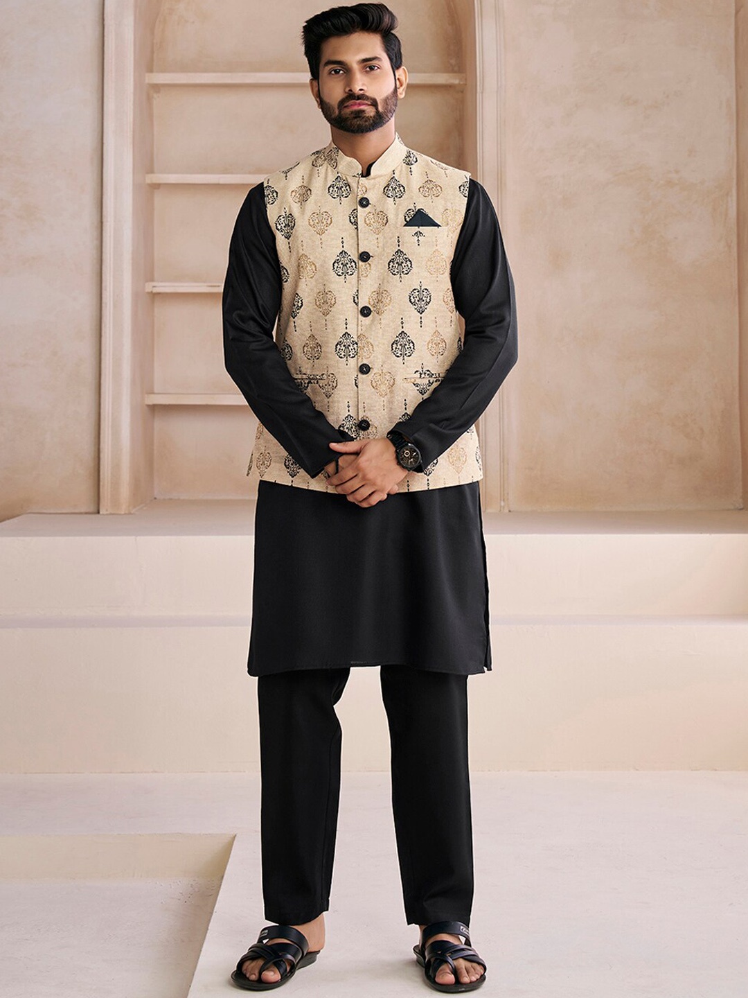 

Inddus Ethnic Motifs Woven Design Nehru Jacket, Beige