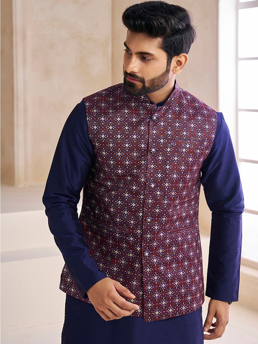 

Inddus Woven-Design Mandarin Collar Nehru Jacket, Maroon