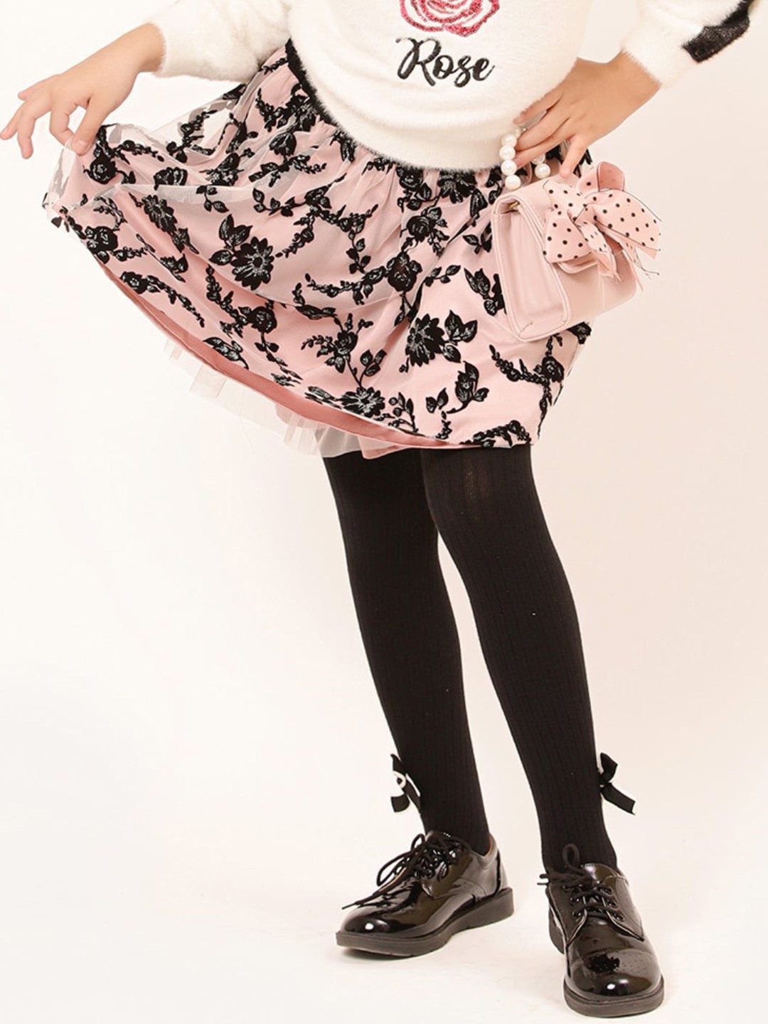 

One Friday Girls Floral Printed Flared Mini skirt, Black