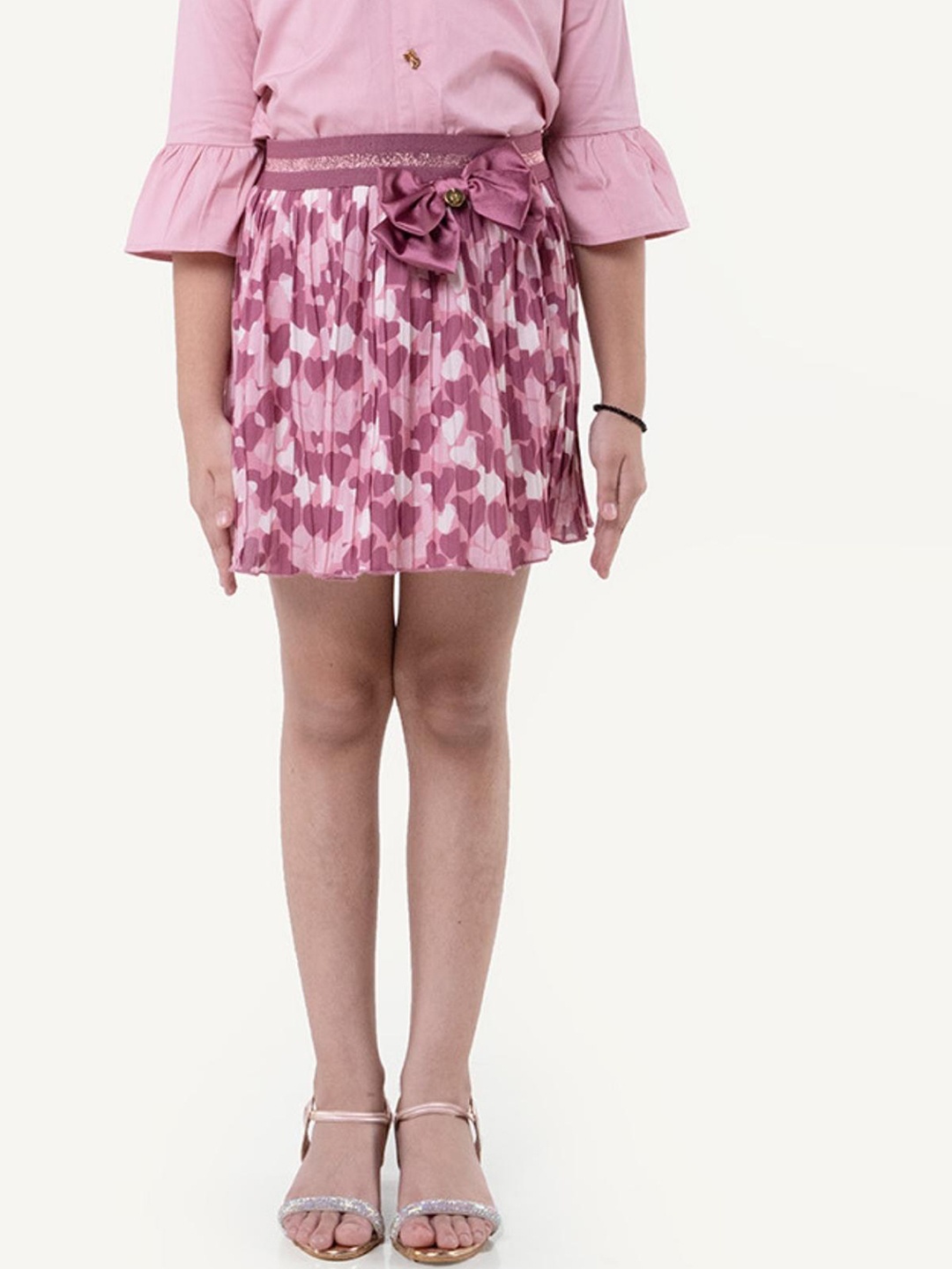 

One Friday Girls Geometric Printed Accordion Pleated Flared Mini Skirt, Pink