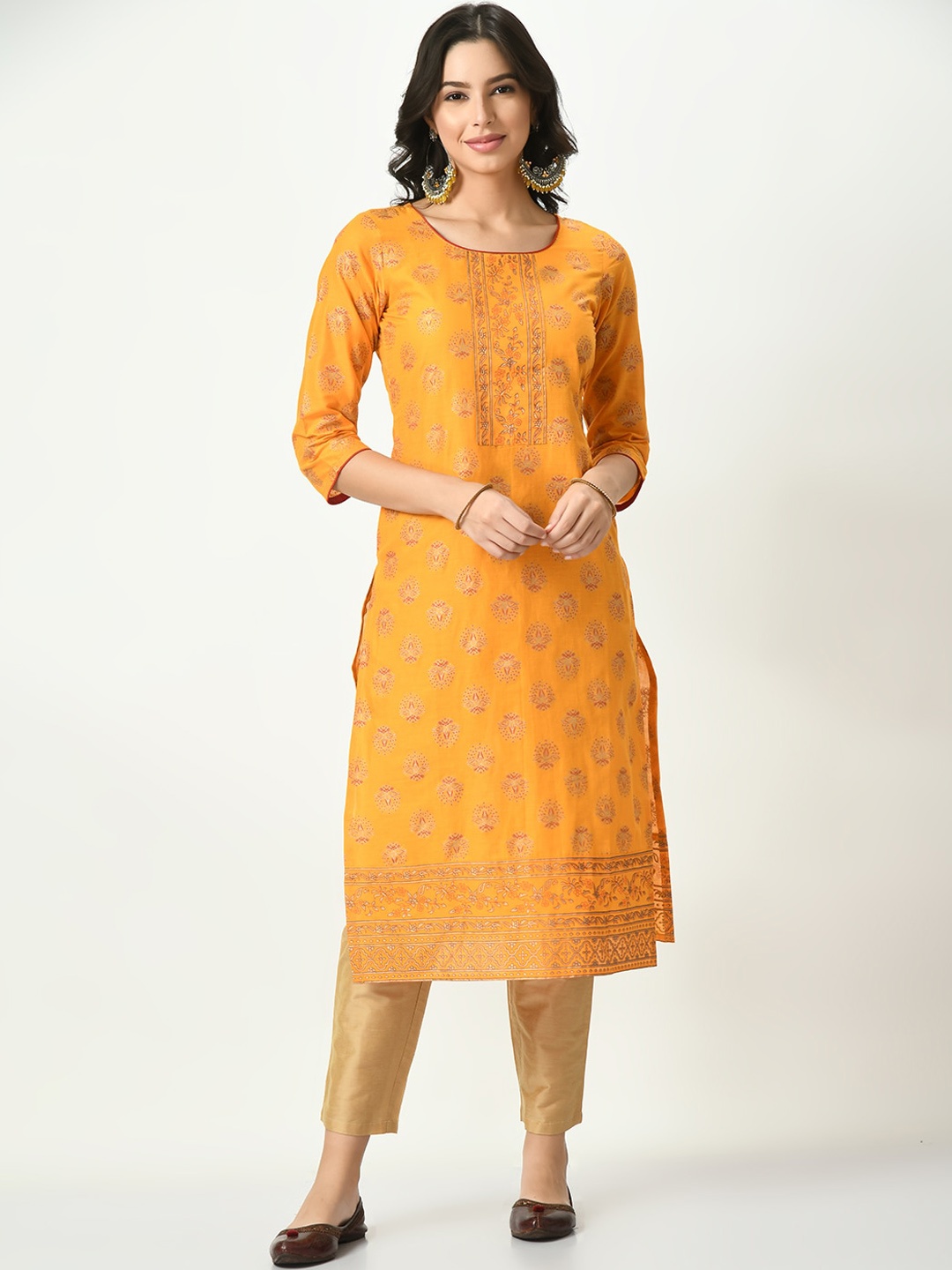 

Akshatani Ethnic Motifs Printed Round Neck Pure Cotton Straight Kurta, Mustard