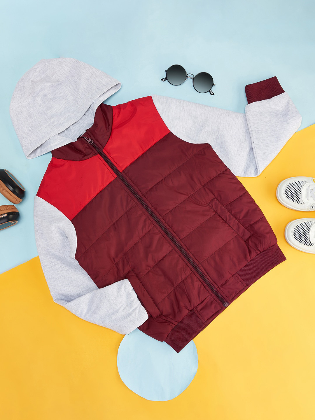 

YU by Pantaloons Boys Colourblocked Hooded Padded Jacket, Red