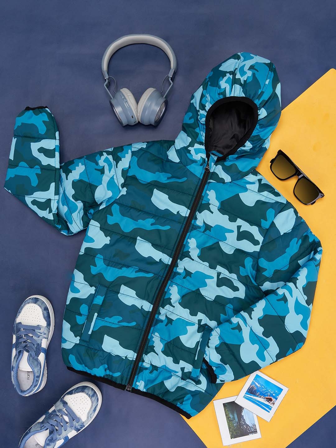 

YU by Pantaloons Boys Camouflage Printed Hooded Padded Jacket, Blue