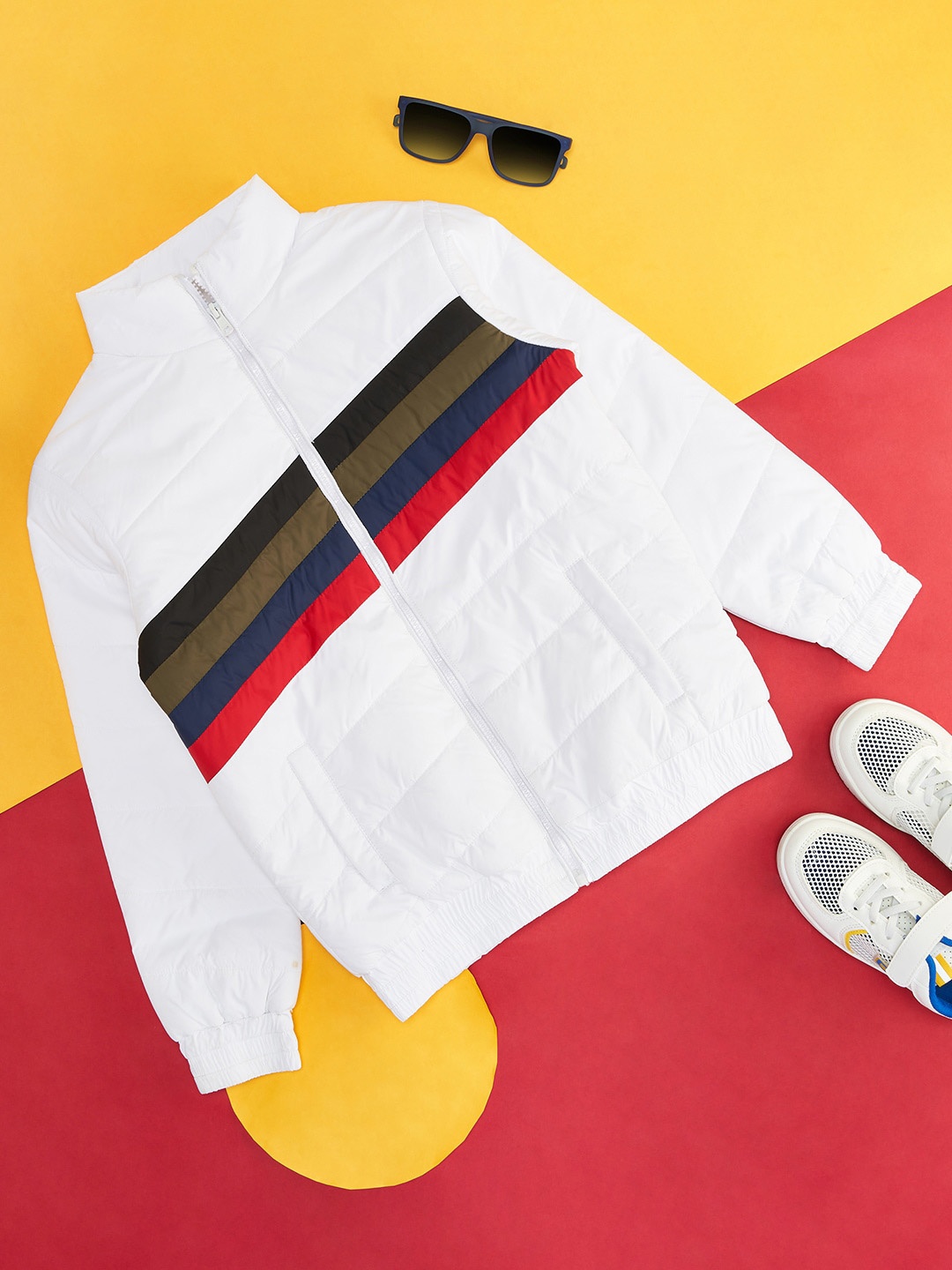 

YU by Pantaloons Boys Striped Mock Collar Bomber Jacket, Off white