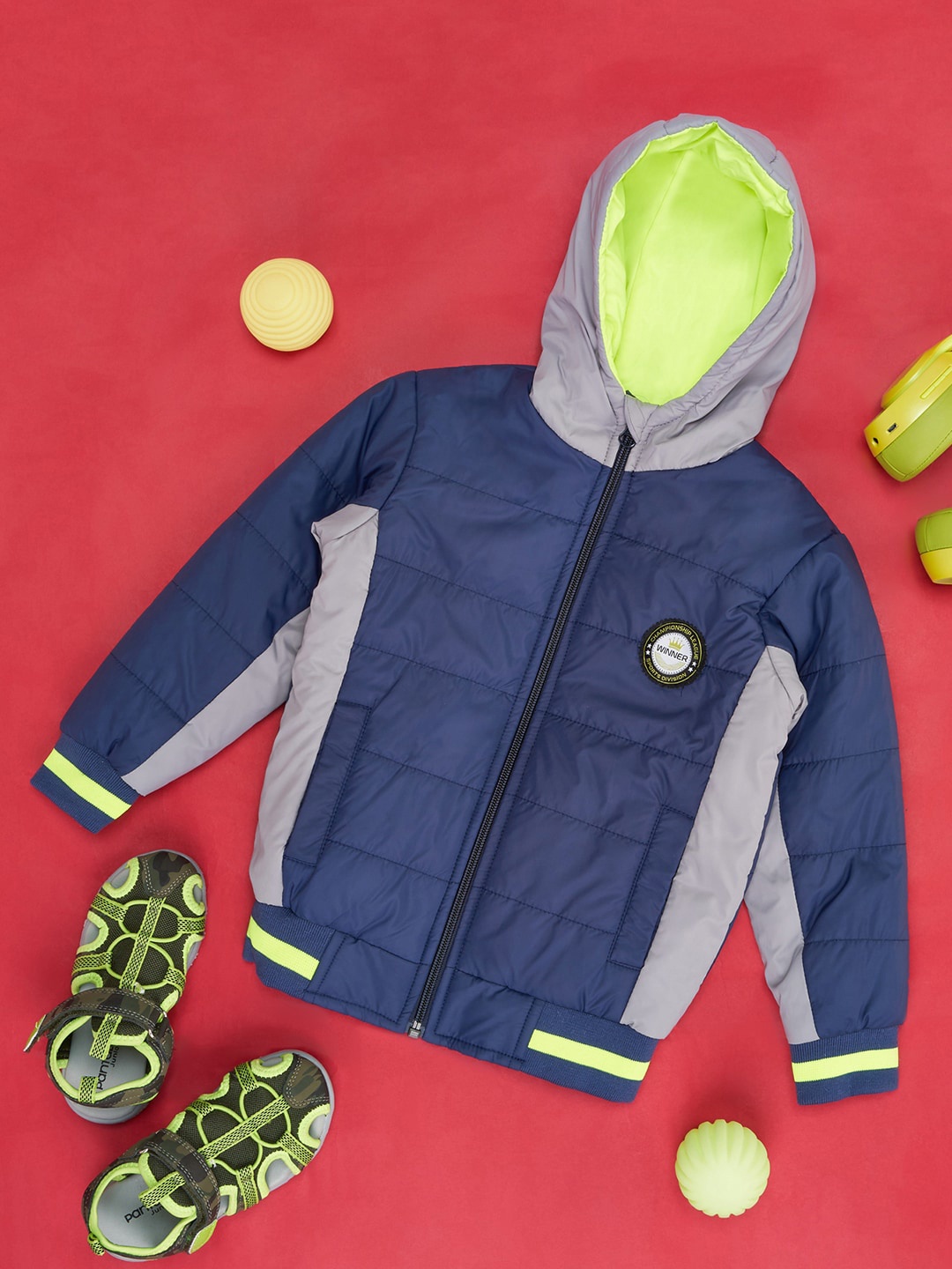 

YU by Pantaloons Boys Colourblocked Hooded Puffer Jacket, Navy blue