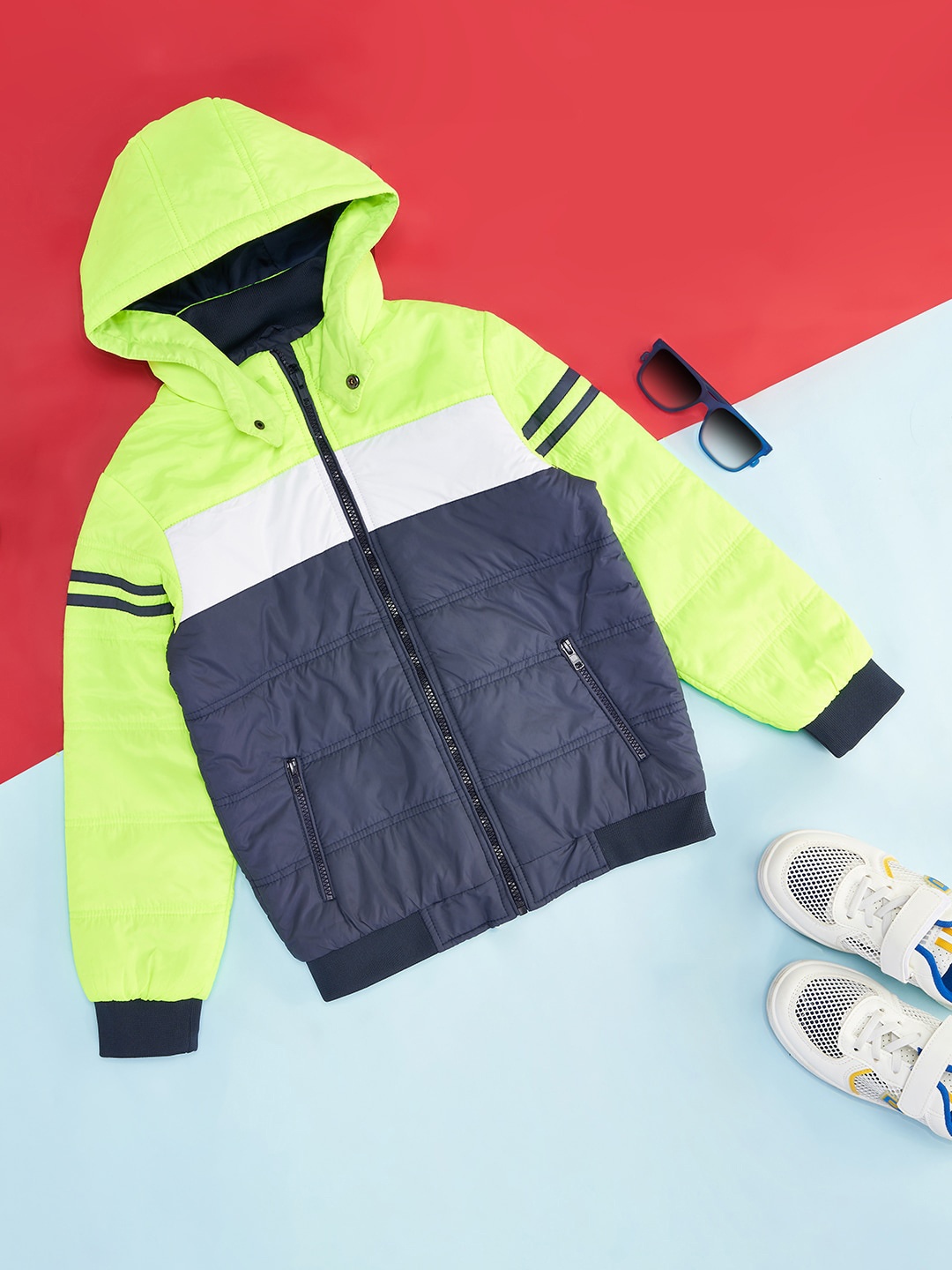 

YU by Pantaloons Boys Colourblocked Hooded Padded Jacket, Green