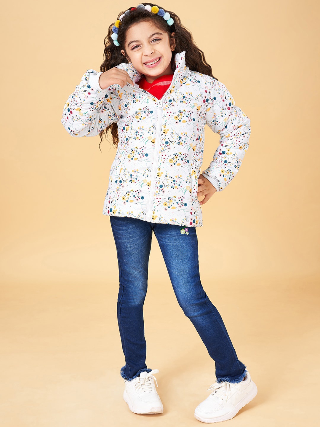 

YU by Pantaloons Girls Floral Printed Removable Hooded Neck Long Sleeve Puffer Jackets, Peach