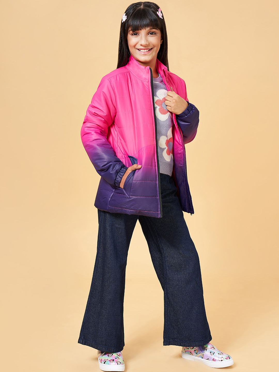 

YU by Pantaloons Girls Mock Collar Ombre Open Front Jacket, Pink