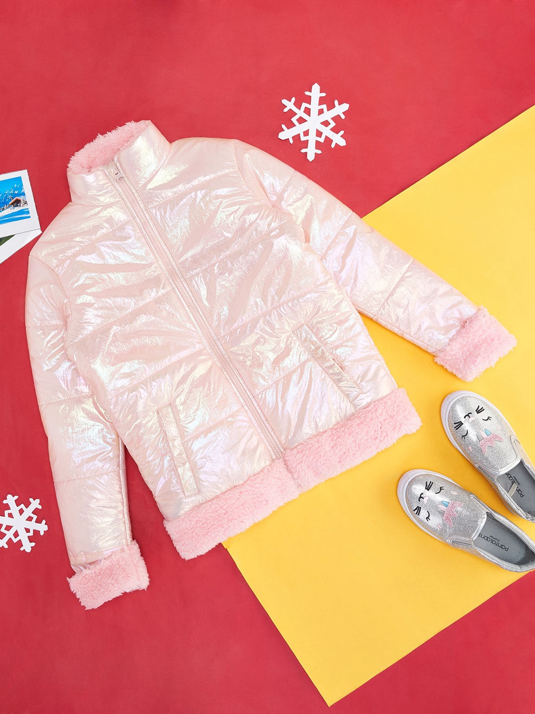 

YU by Pantaloons Girls Stand Collar Puffer Jacket, Pink