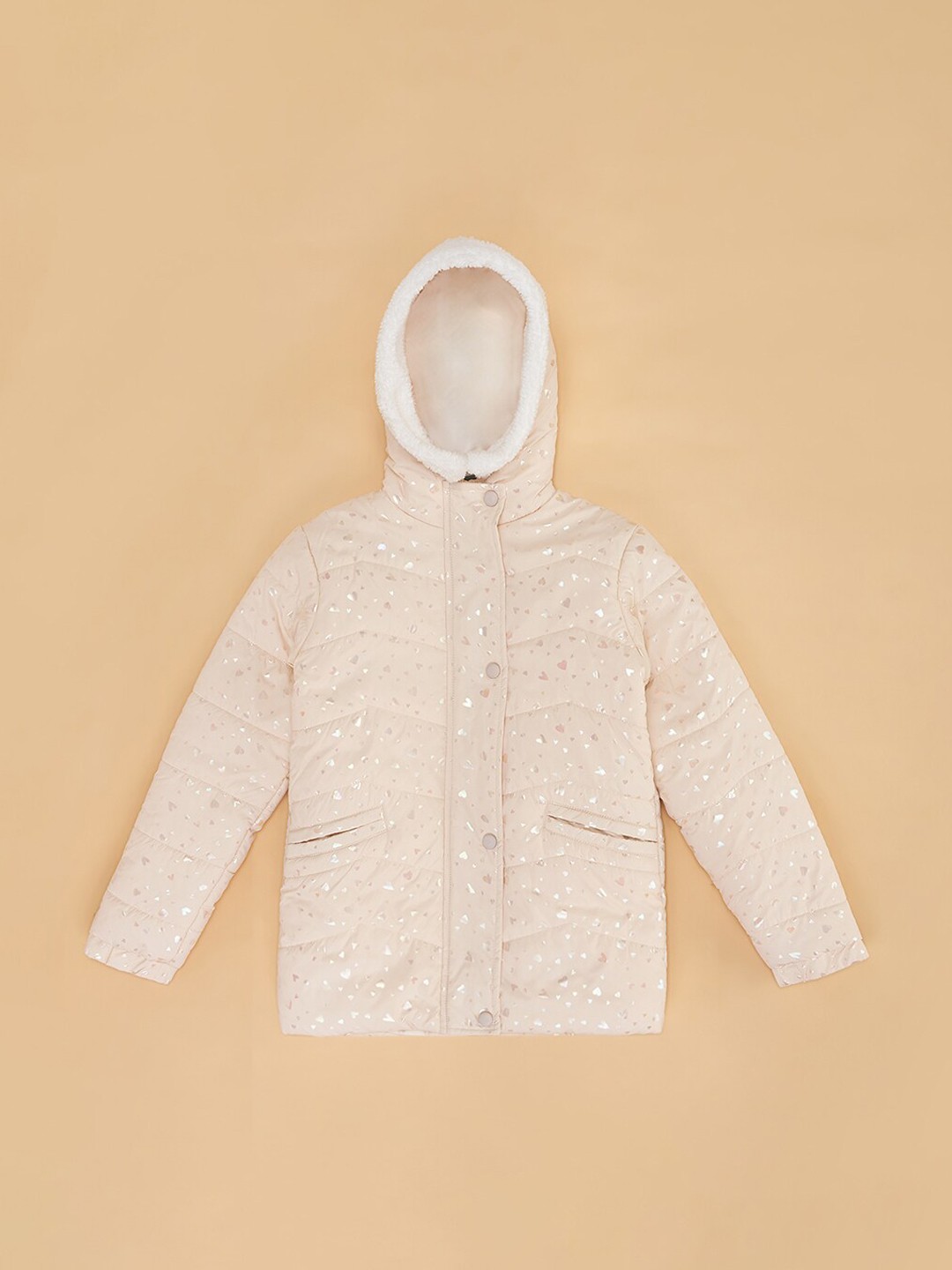 

YU by Pantaloons Girls Conversational Printed Hooded Padded Jacket, Beige