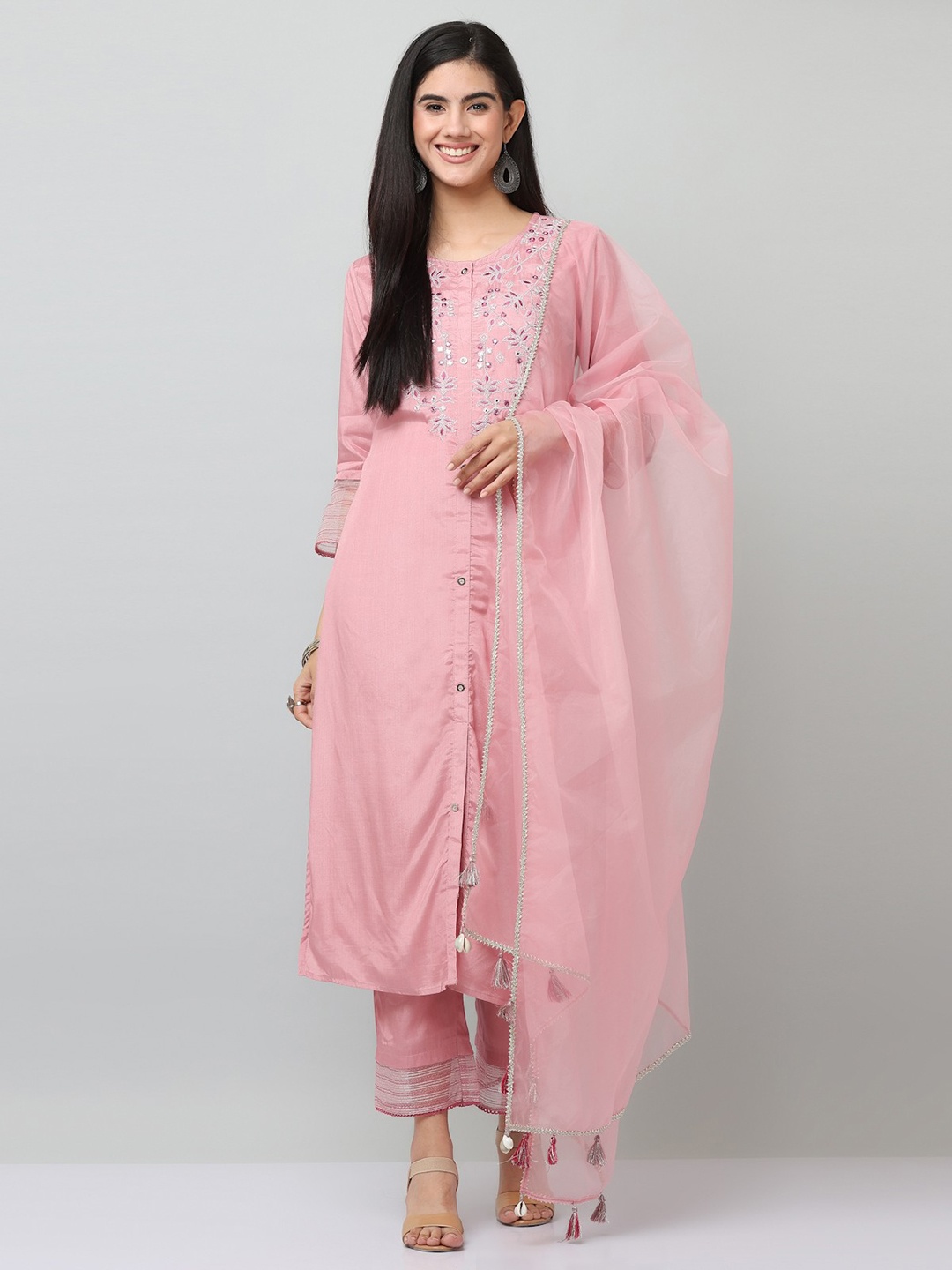 

SAVI Embroidered Kurta & Trousers Set With Dupatta, Pink