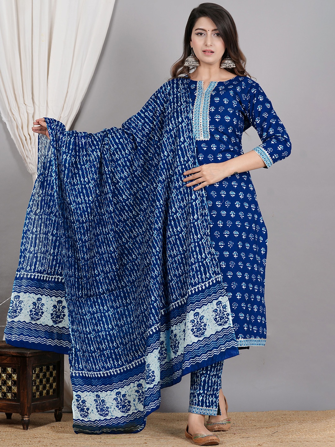 

ZOYOTO Ethnic Motifs Printed Gotta Patti Pure Cotton Straight Kurta & Trouser With Dupatta, Blue