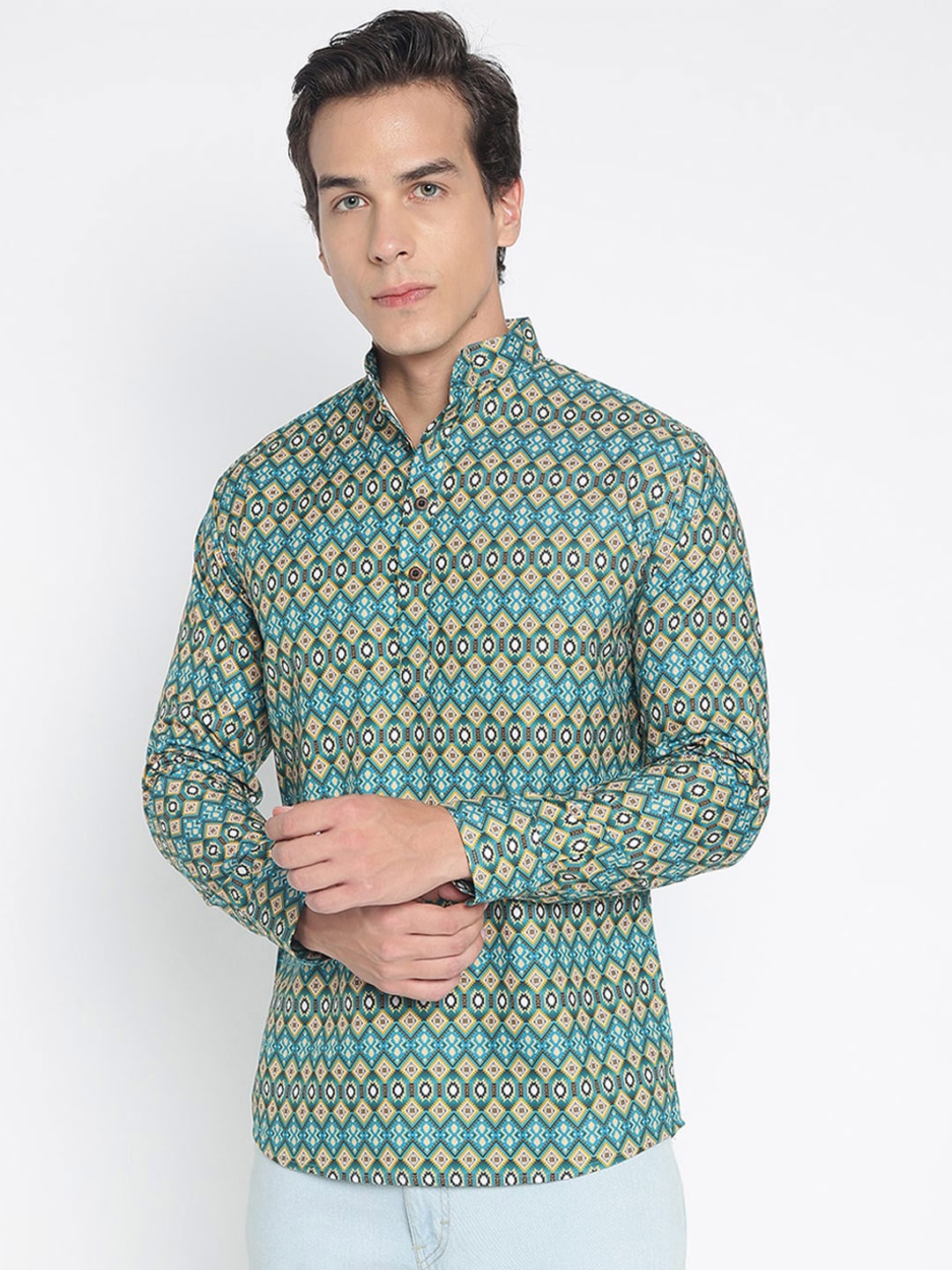 

COLORWINGS Geometric Printed Band Collar Straight Kurta, Blue