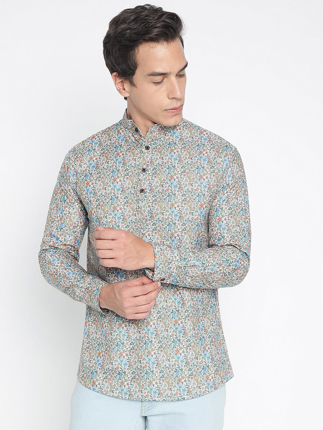 

COLORWINGS Floral Printed Band Collar Straight Kurta, White