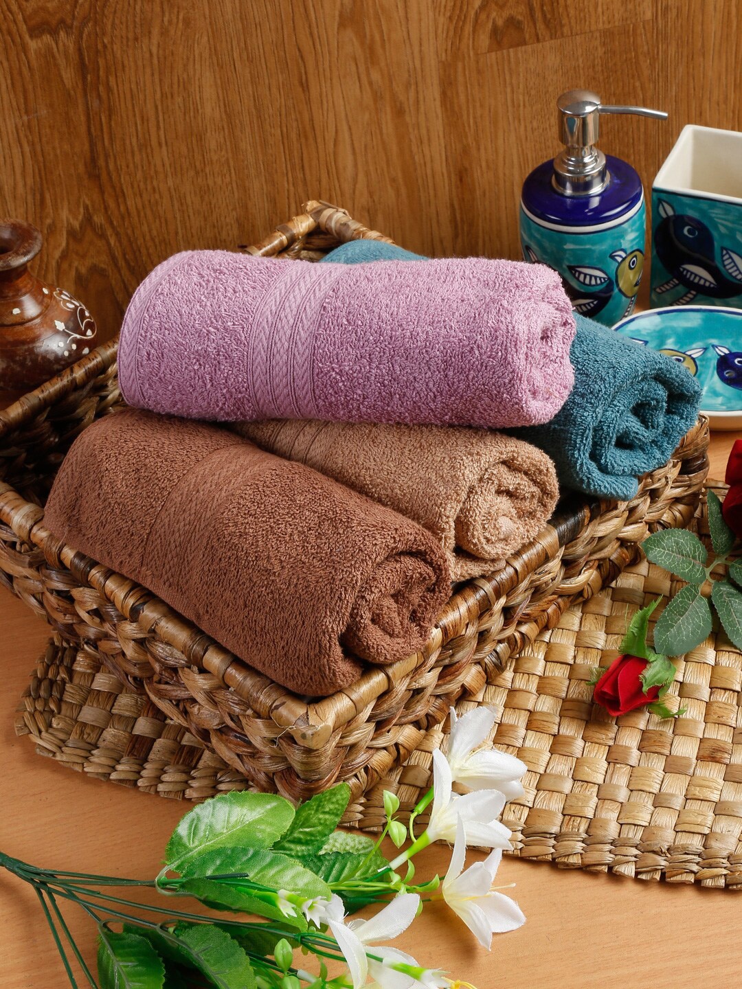 

Naksh 4 Pcs Teal Green & Brown Cotton Super Absorbent 450 GSM Hand Towels
