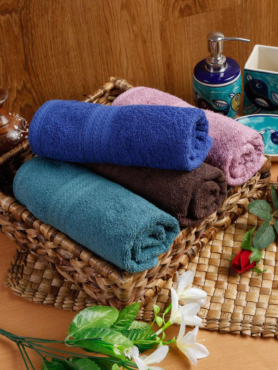 

Naksh 4 Pcs Cotton Anti-Bacterial 450 GSM Reversible Hand Towel, Blue