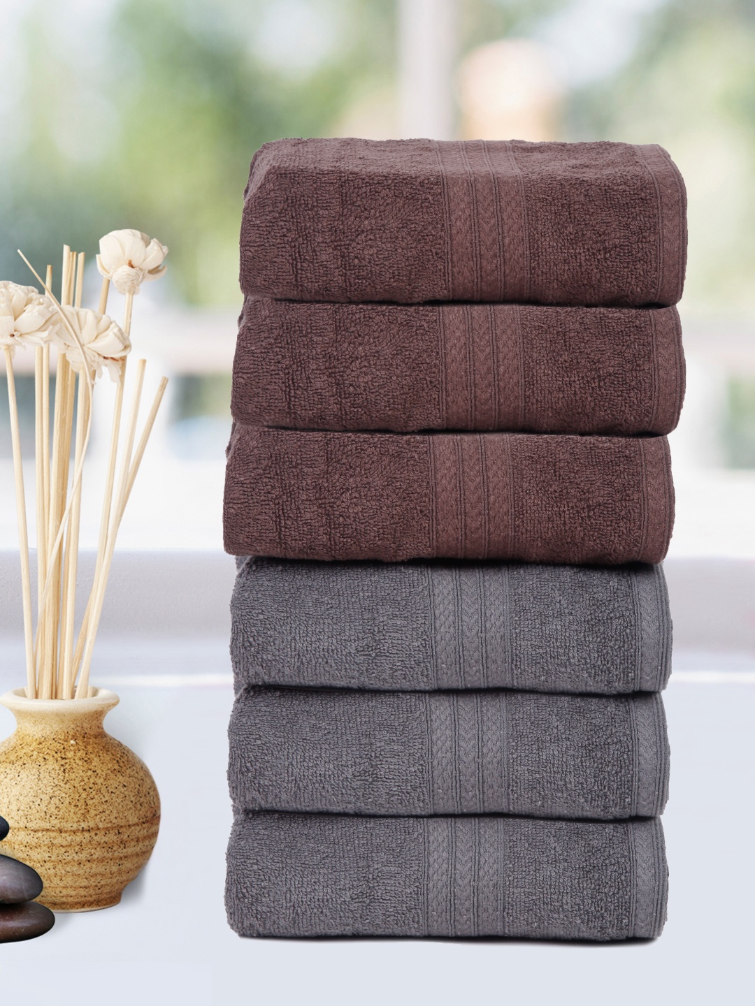 

Naksh Brown & Grey 6 Pieces Cotton 450 GSM Super Absorbent Hand Towels