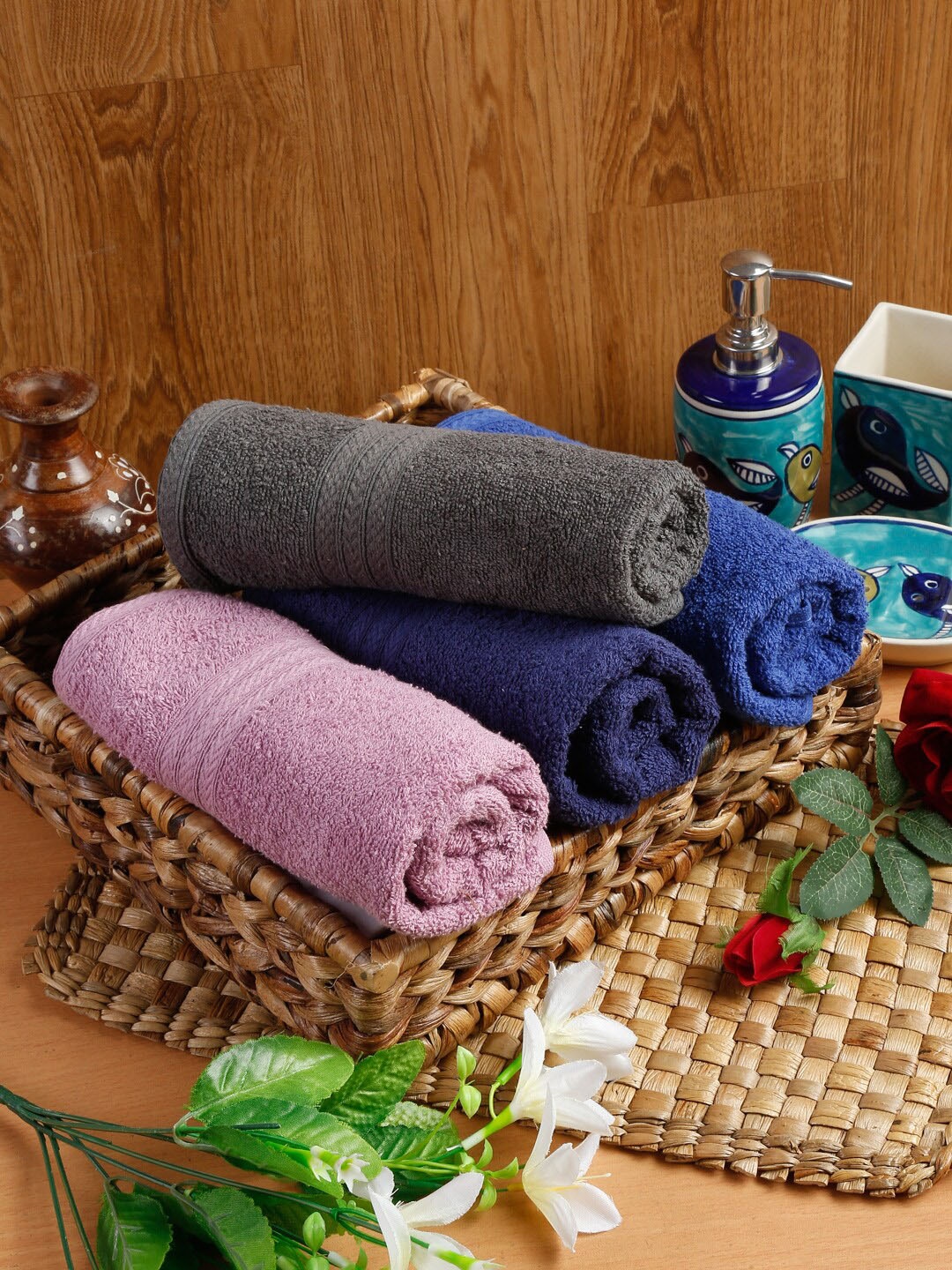 

Naksh Blue & Grey 4 Pieces Cotton 450 GSM Anti-Bacterial Super Absorbent Hand Towels