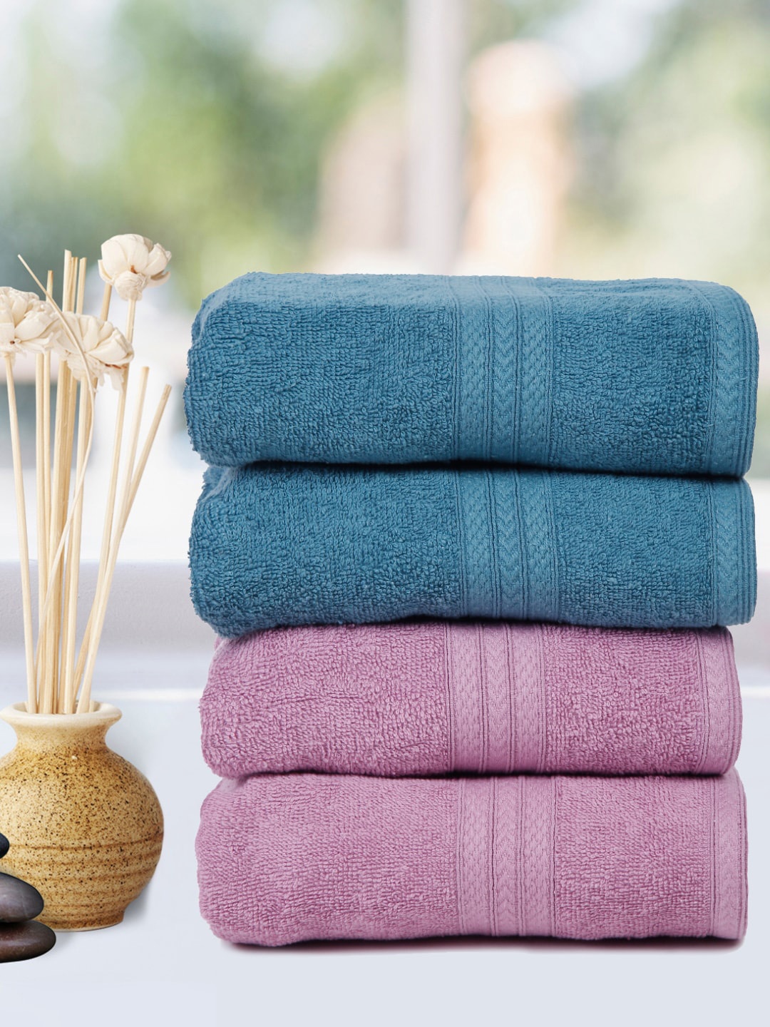 

Naksh Turquoise Green & Pink 4 Pieces Cotton 450 GSM Hand Towels