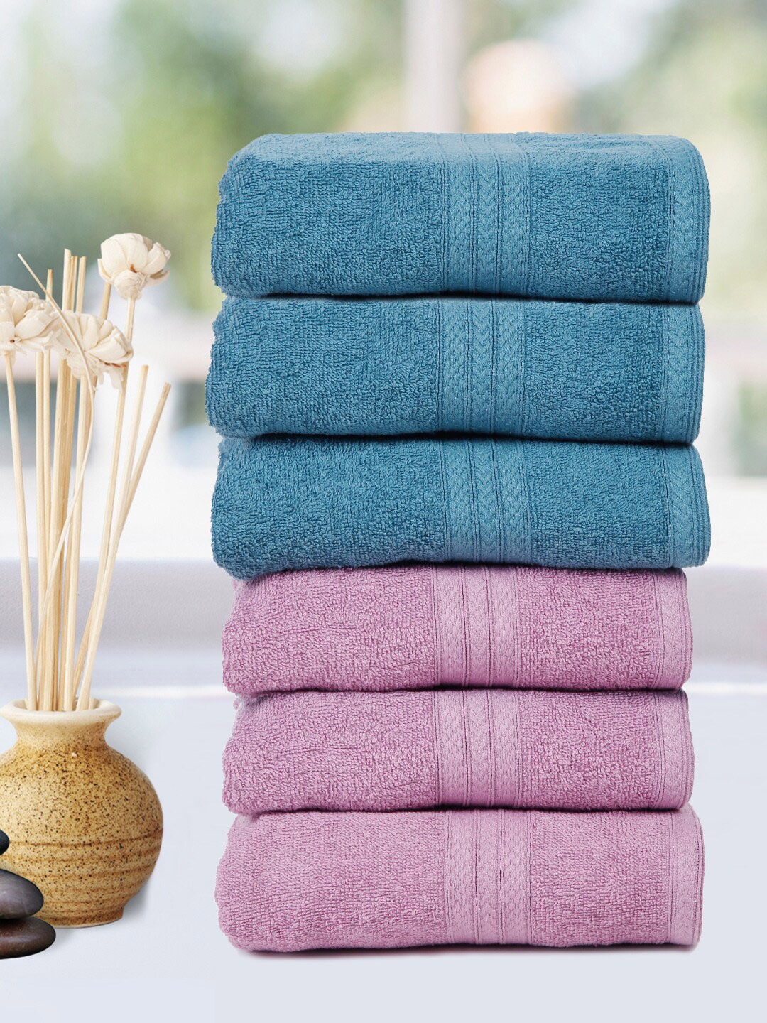 

Naksh Turquoise Green & Pink 6 Pieces 450 GSM Super Absorbent Hand Towels