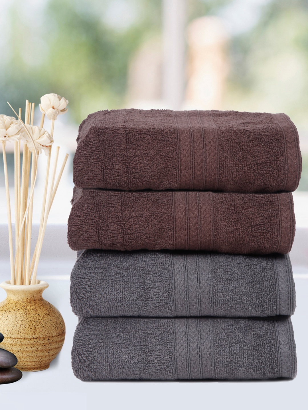 

Naksh Grey & Brown 4-Pieces Anti-Bacterial 450 GSM Reversible Hand Towels