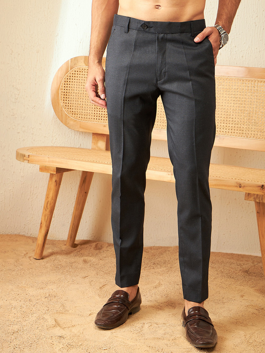 

DENNISON Men Smart Tapered Fit Easy Wash Trousers, Navy blue