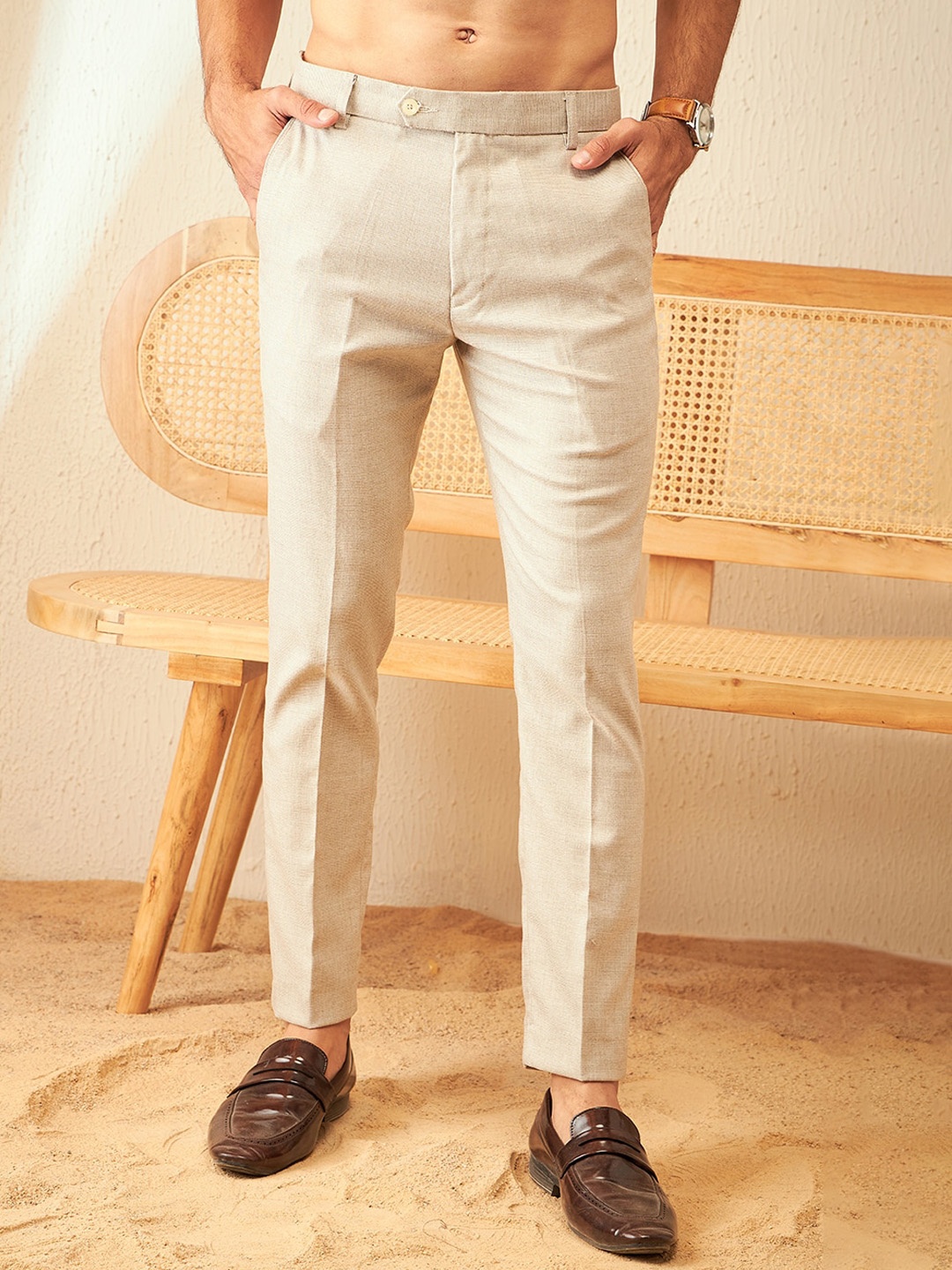 

DENNISON Men Smart Tapered Fit Easy Wash Trousers, Beige