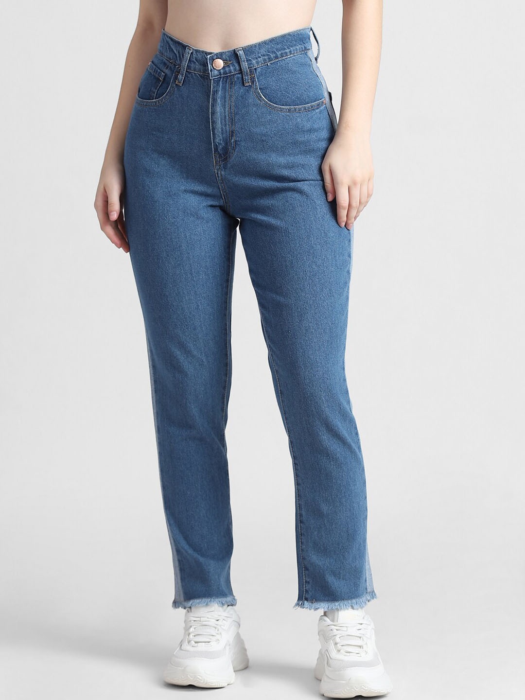 

ONLY Women Straight Fit High-Rise Low Distress Stretchable Cotton Jeans, Blue