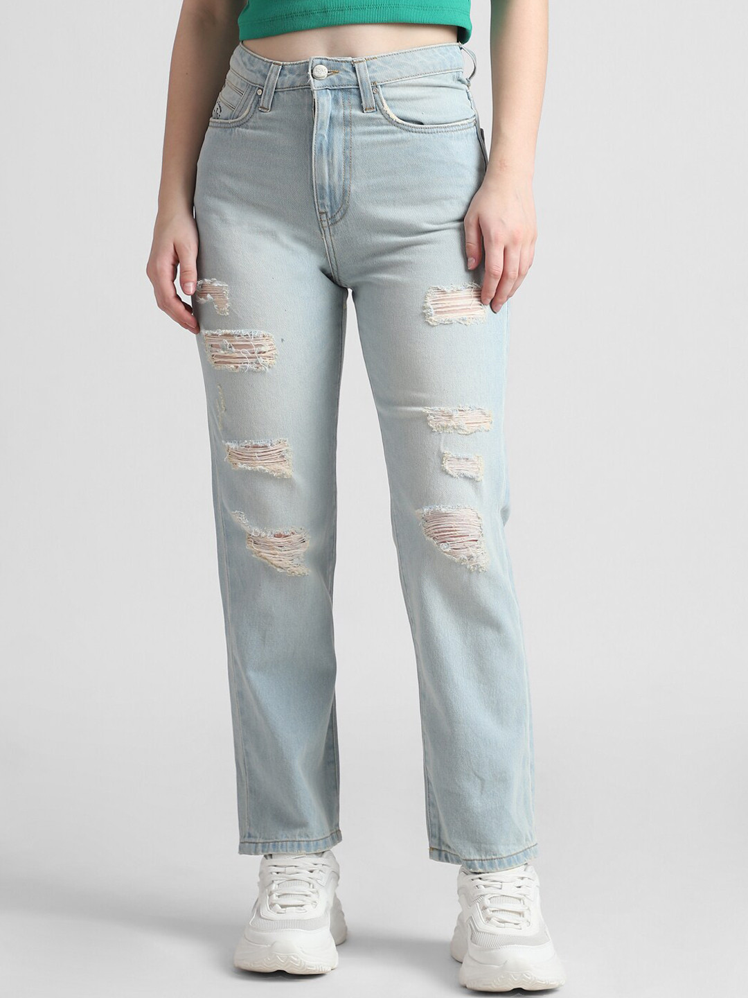 

ONLY Women High-Rise Highly Distressed Heavy Fade Cotton Jeans, Blue