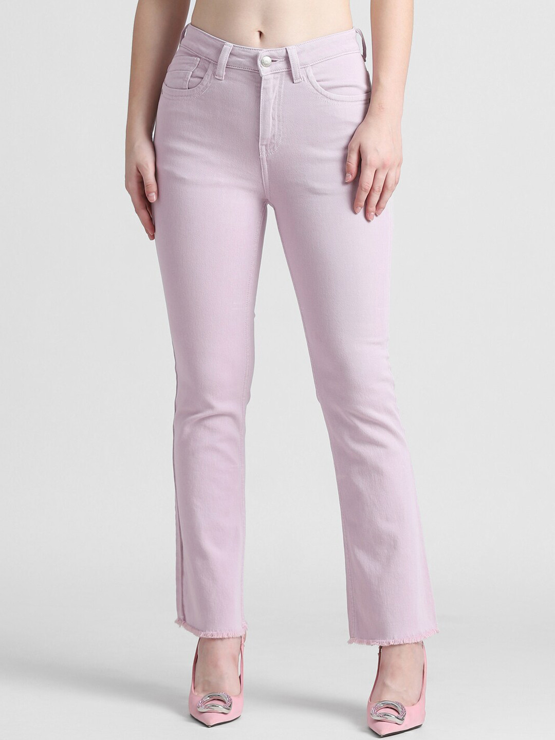 

ONLY Women Flared Clean Look High-Rise Pure Cotton Jeans, Pink